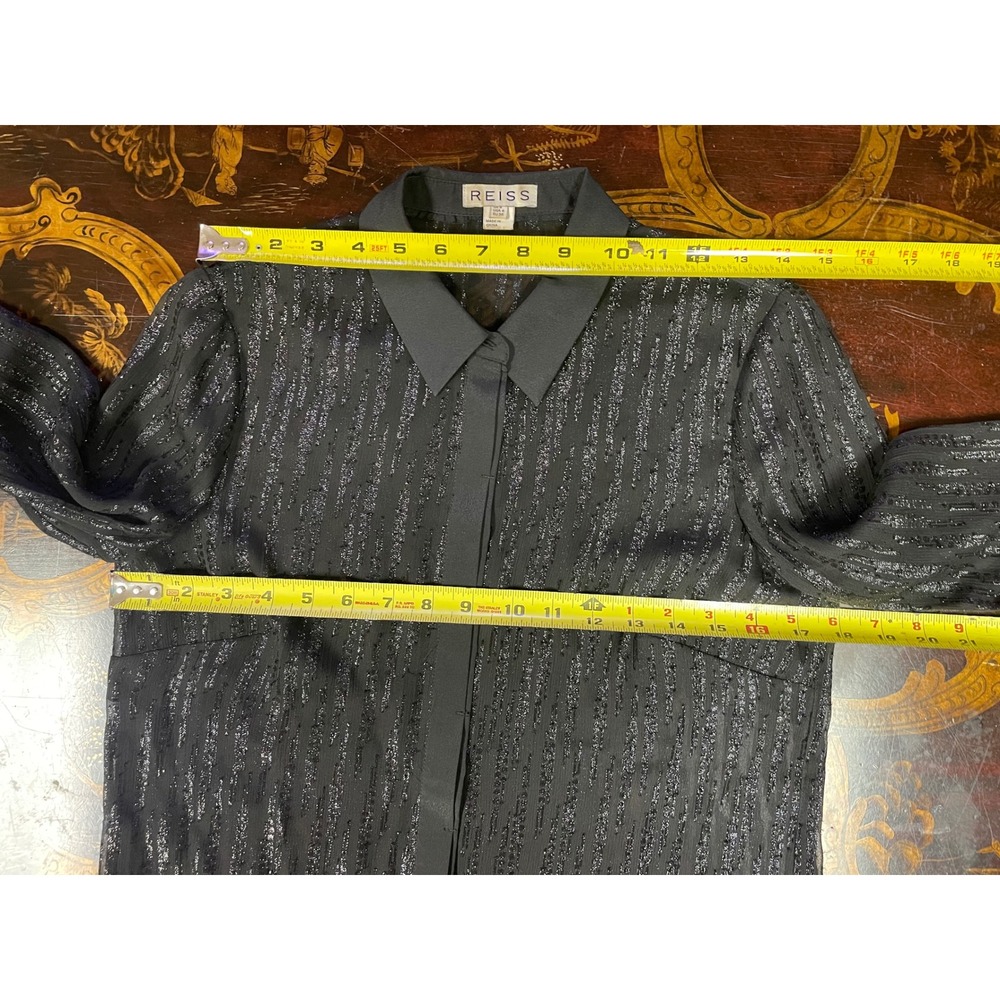 Reiss Black Sheer Metallic Pinstripe Button Up Blouse Goth Romantic Night Out 4 - Picture 5 of 11